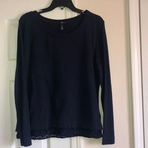 Navy light sweatshirt with lace detail at bottom. Barely worn, great condition